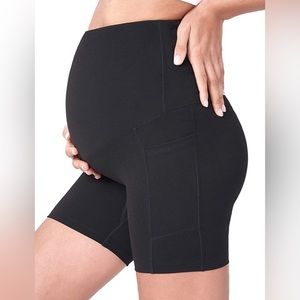 POSHDIVAH Maternity Yoga Shorts Over The Belly Bump Short Pants with Pockets